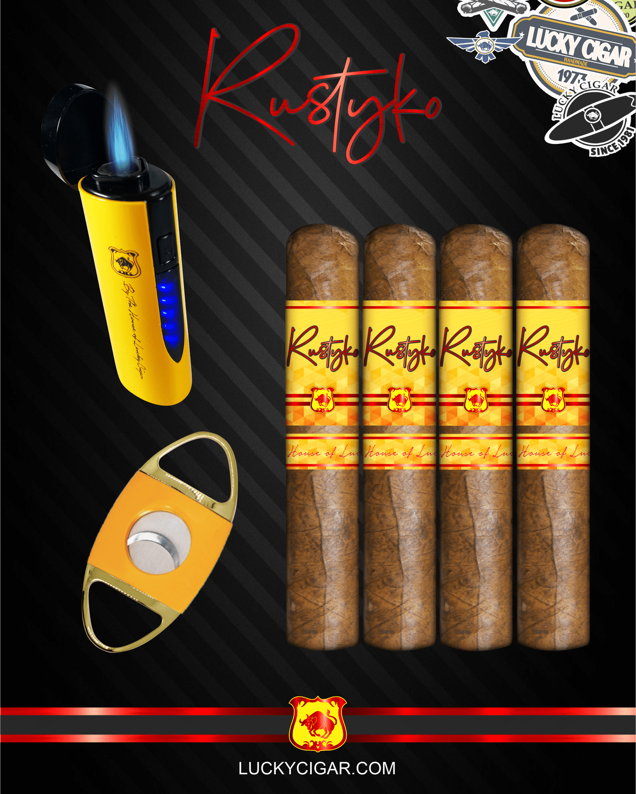 Infused Cigars: Rustyko Robusto 5x54 Cigars - Set of 4 with Yellow Torch, Cutter