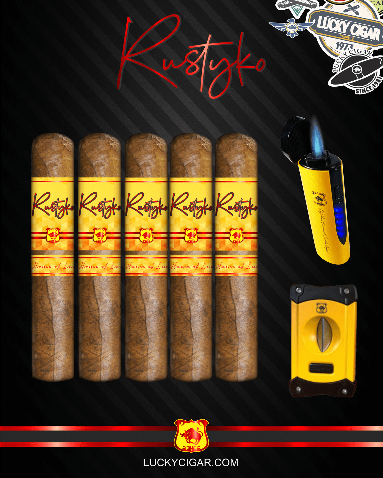 Infused Cigars: Rustyko Robusto 5x54 Cigars - Set of 5 with Yellow Torch, Cutter