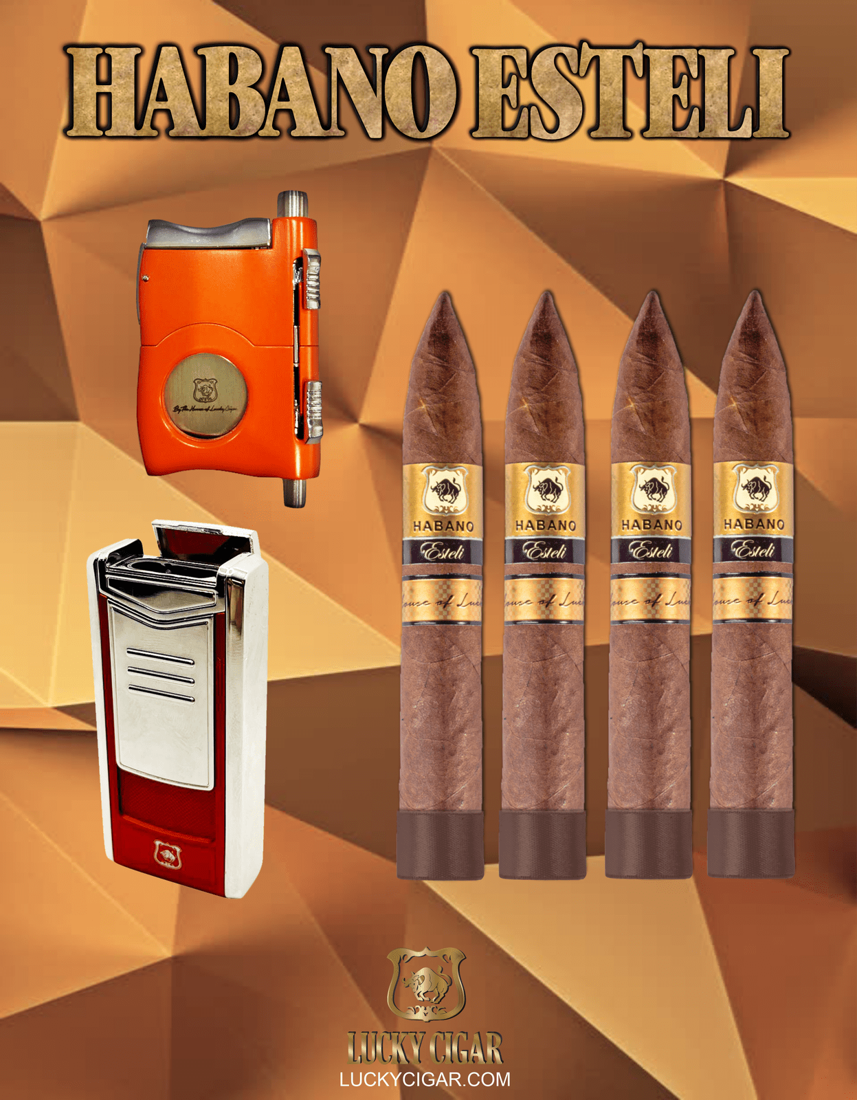 Habano Cigars: Habano Esteli by Lucky Cigar: Set of 4 Cigars, 4 Torpedo with Cutter, Lighter