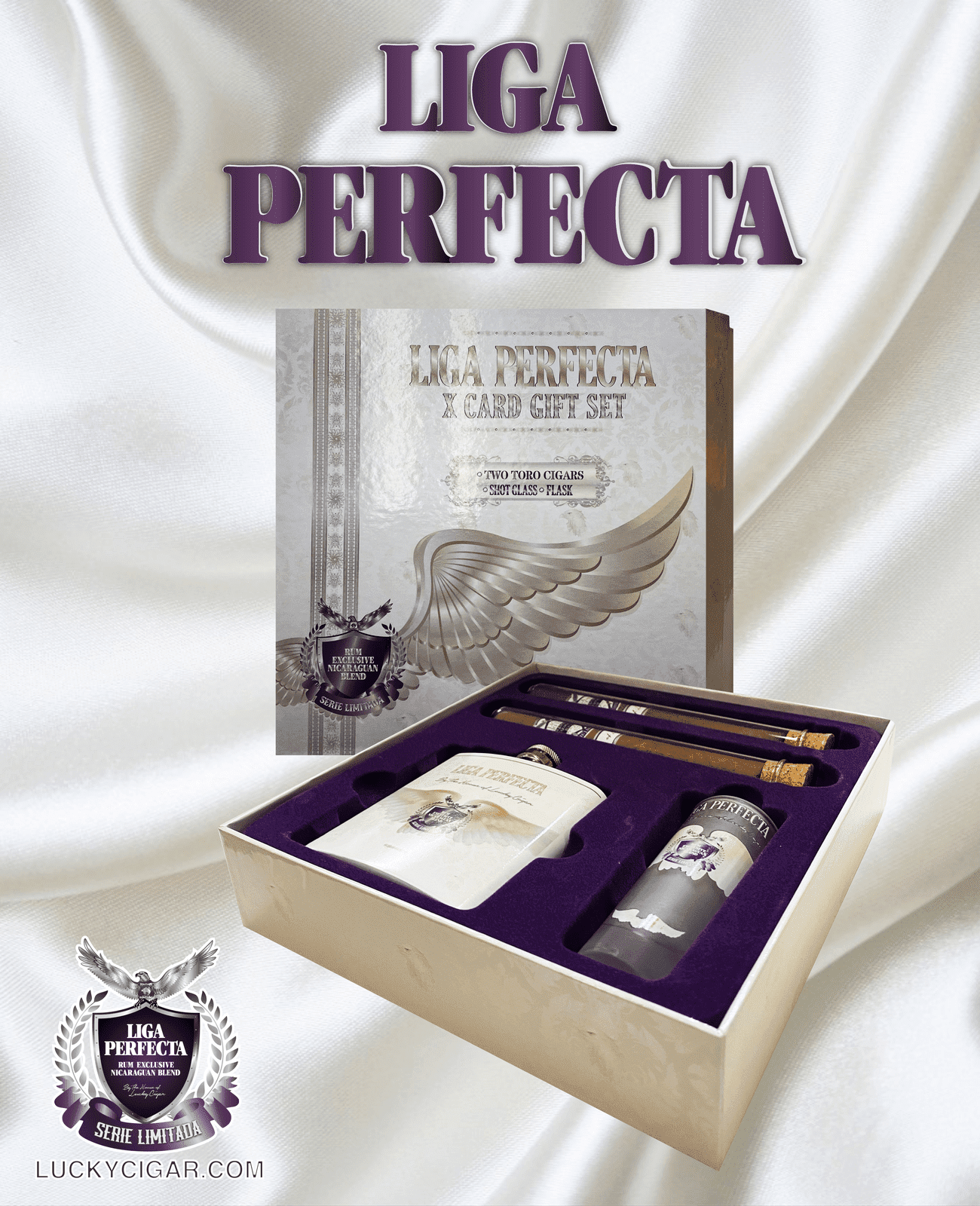 Rum Cigars: Liga Perfecta Gift Set - 2 Habano Toro with Shot Glass and Flask