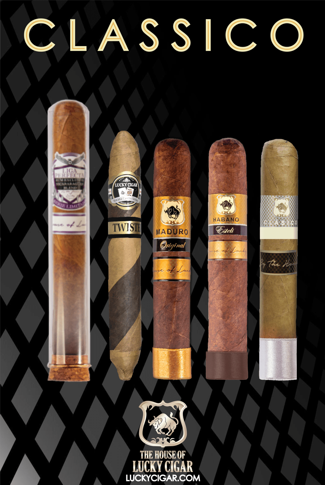 Lucky Cigar Sampler Sets: Set of 5 Cigars, Liga Perfecta, Twister, Maduro Original, Habano Esteli, Classico