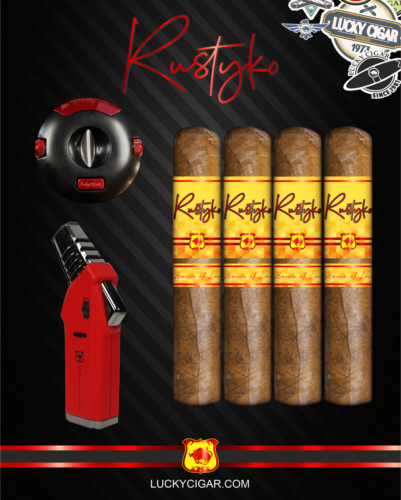 Infused Cigars: Rustyko Robusto 5x54 Cigars - Set of 4 with Red Torch, Cutter