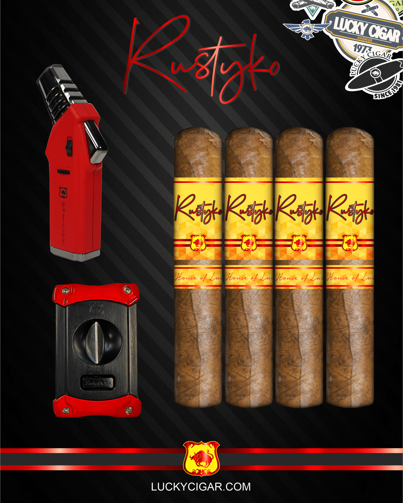 Infused Cigars: Rustyko Robusto 5x54 Cigars - Set of 4 with Torch, Cutter