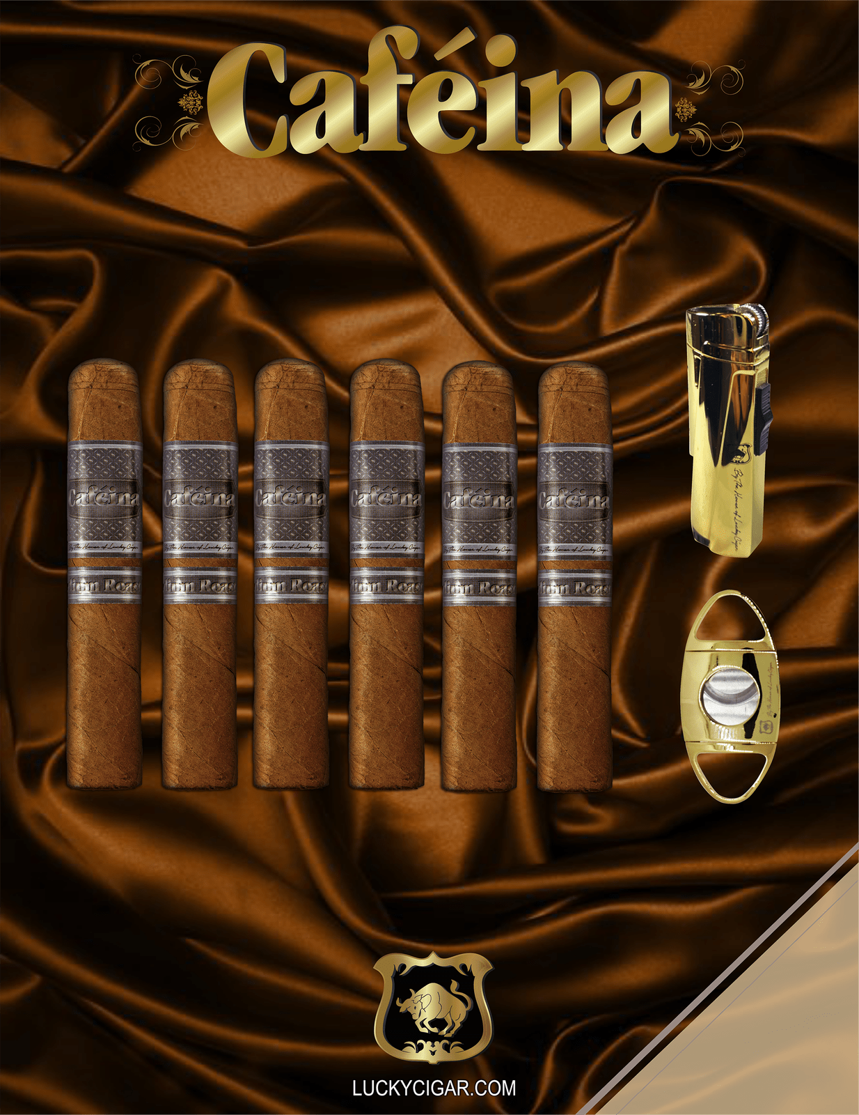 Infused Cigars: Set of 6 Cafeina Medium Roast Toro 6x52 Cigars with Lighter, Cutter