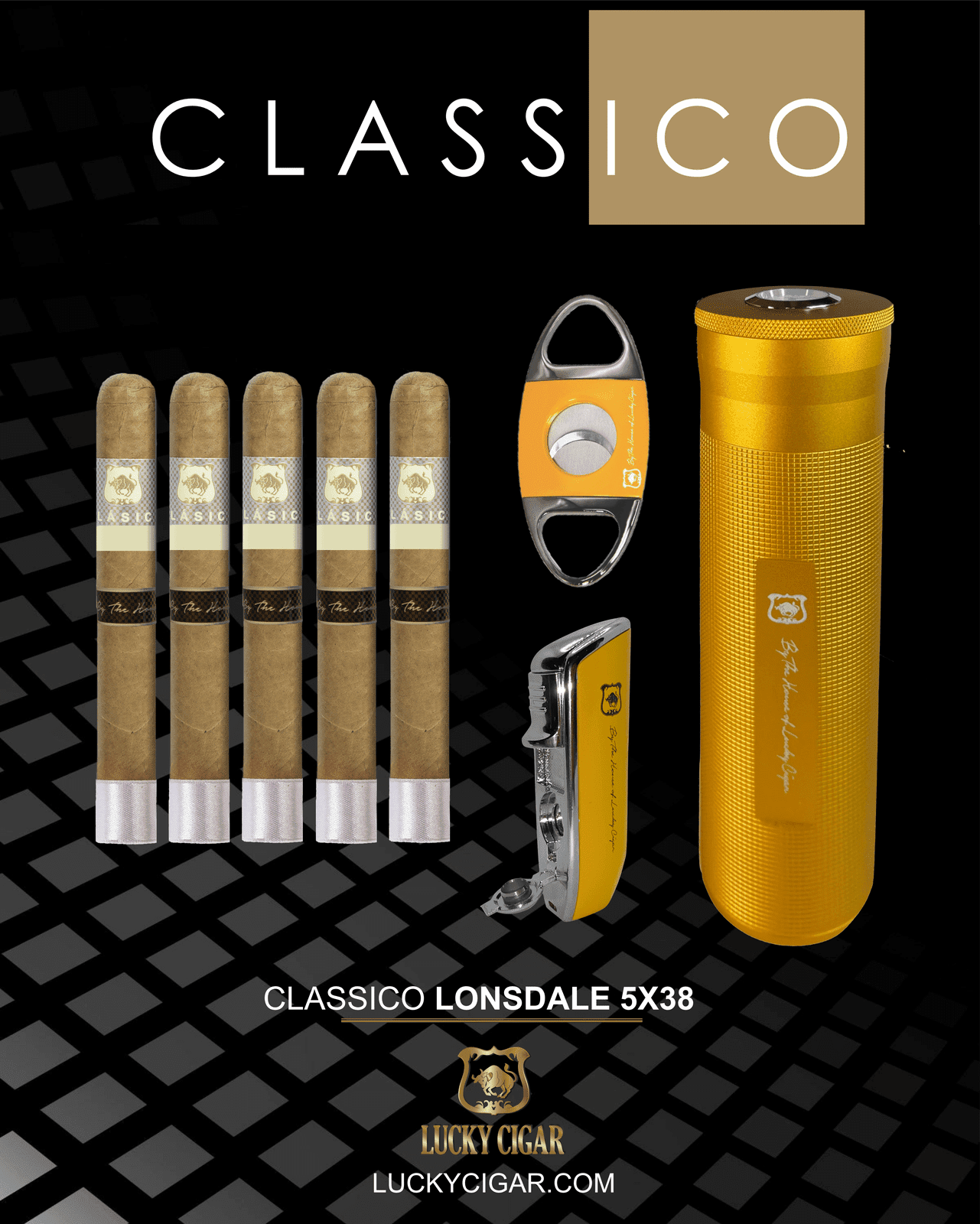 Classic Cigars - Classico by Lucky Cigar: Set of 5 Cigars, 5 Lonsdale with Torch, Cutter, Humidor