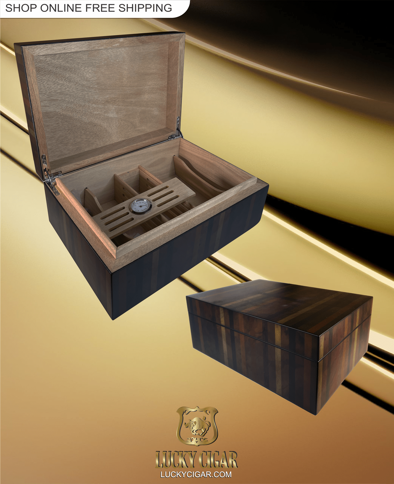 Cigar Lifestyle Accessories: Desk Humidor with Striped Wood holds 50 Cigars
