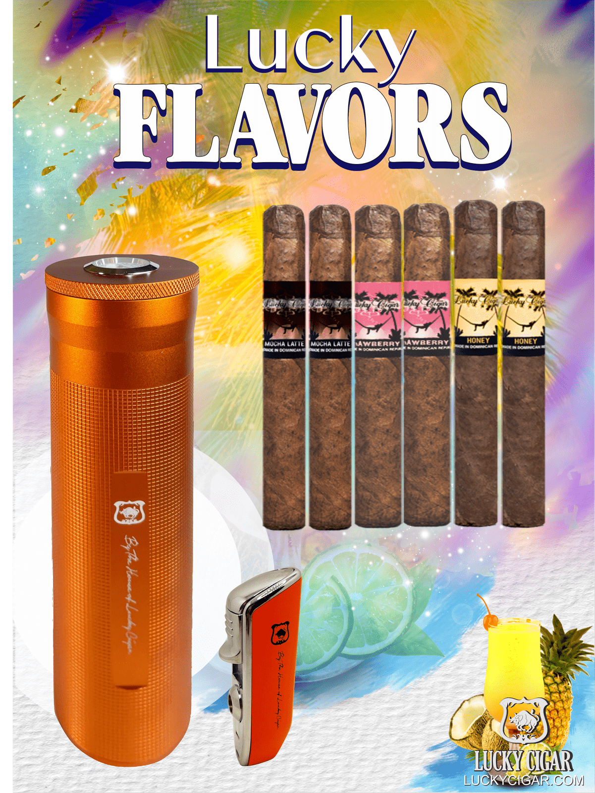 Flavored Cigars: Lucky Flavors 6 Piece Set - Mocha Latte, Honey, Strawberry with Lighter and Humidor