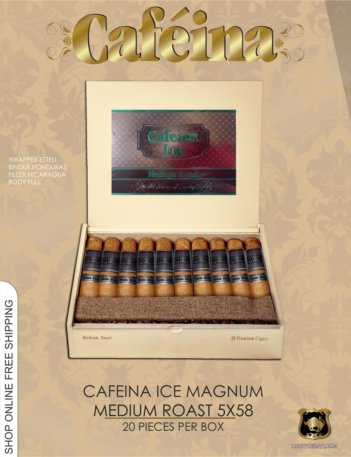 Infused Cigars: Cafeina Ice Medium Roast Magnum 5x58 Cigar Box of 20