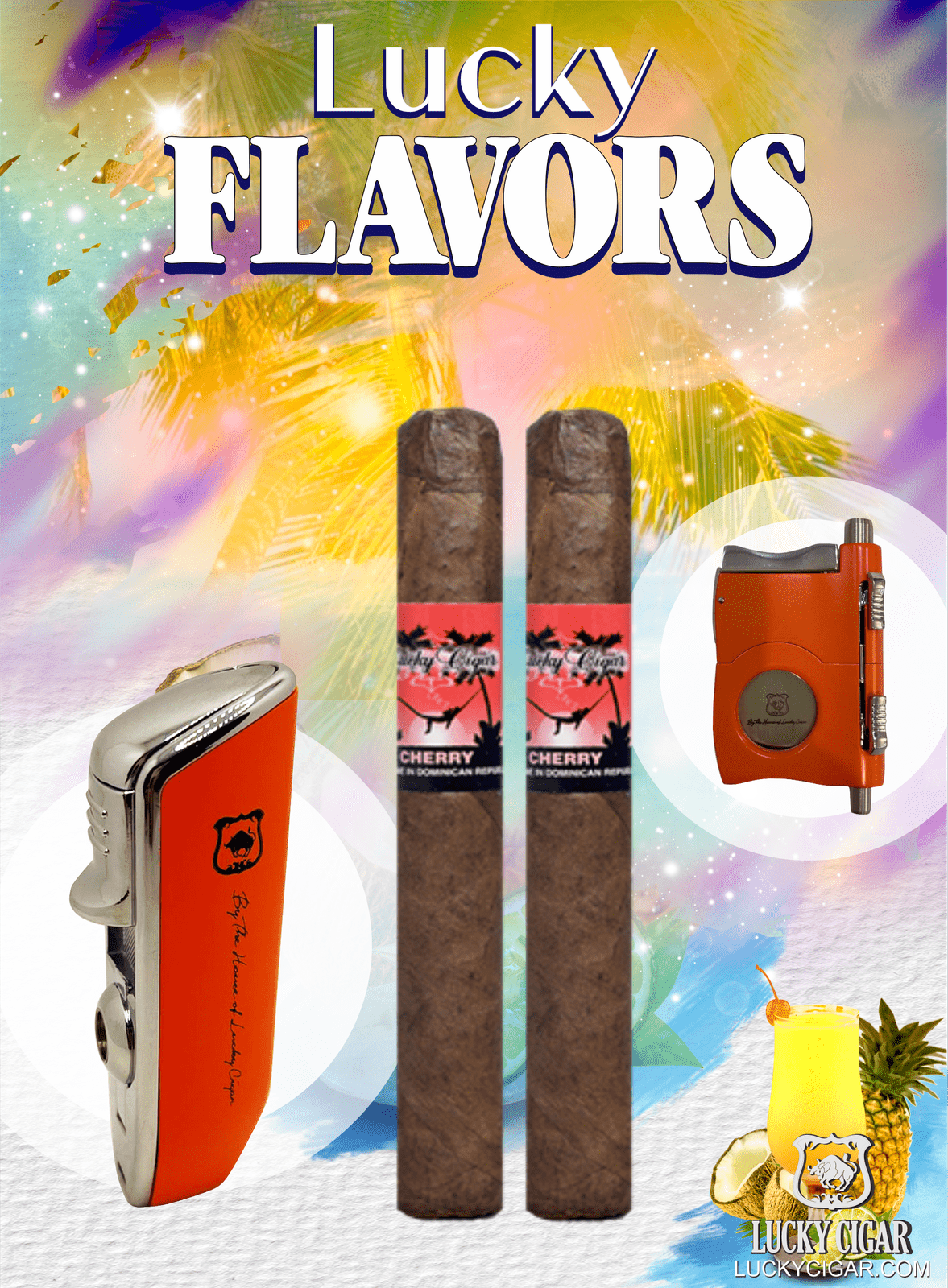 Flavored Cigars: Lucky Flavors 2 Cherry Cigar Set with Torch Lighter and Cutter