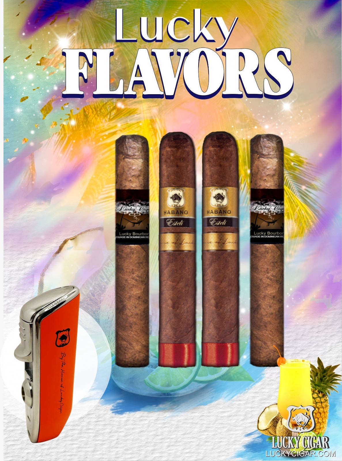 Lucky 4 Cigar Set with Red Quad Flame Torch Lighter: Habano Esteli, Lucky Flavor