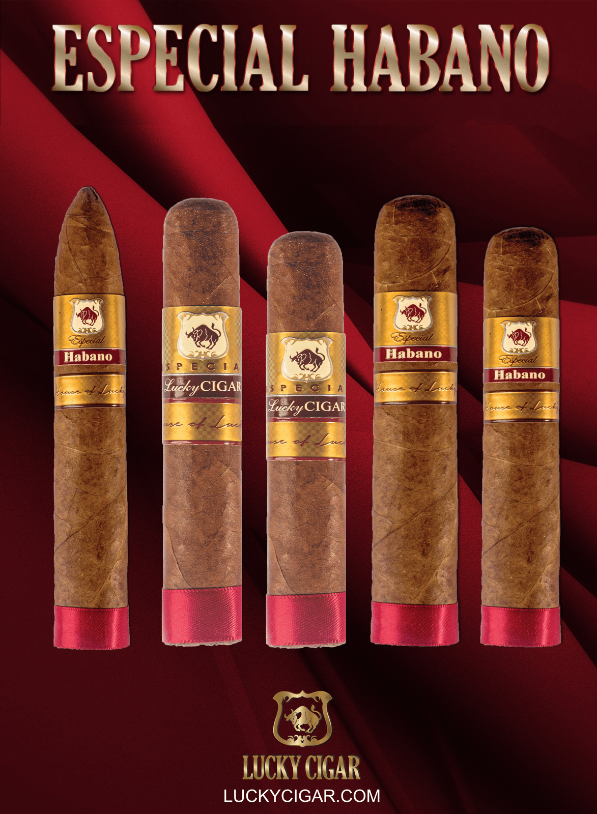 Habano Cigars: Especial Habano by Lucky Cigar: Set of 5 Robusto, Corona, Toro, Gigante, Torpedo Cigars