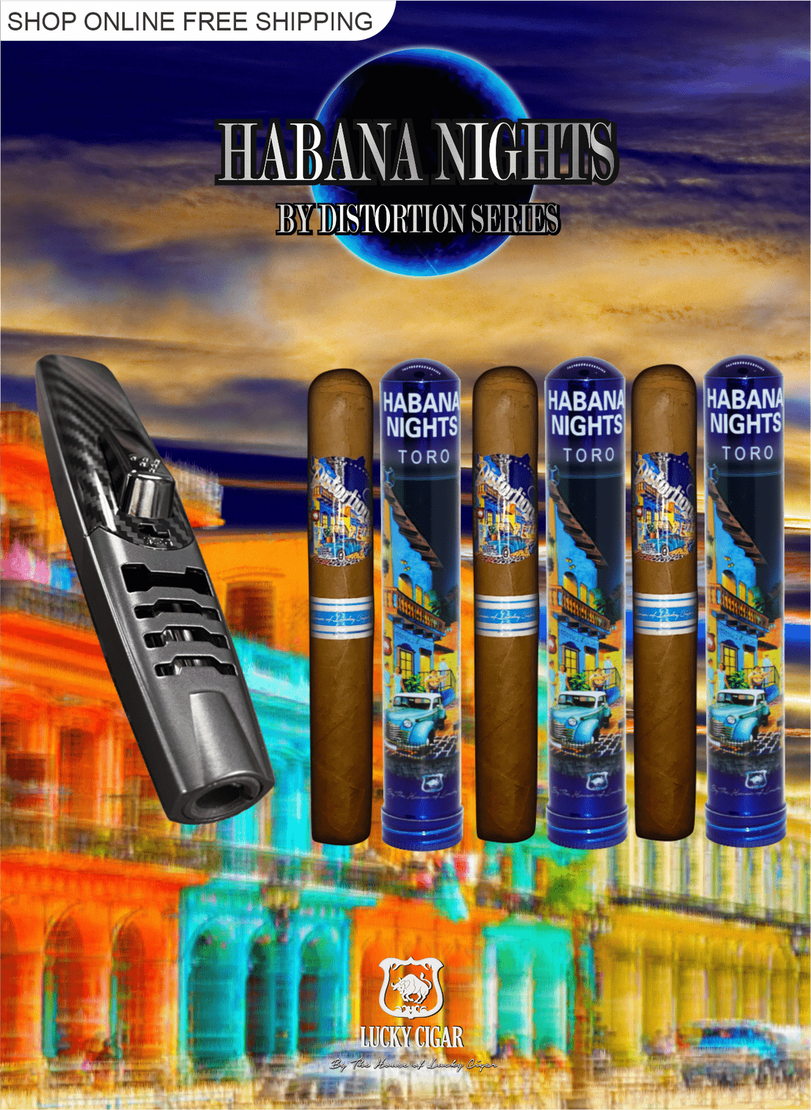 Habana Nights 6x50 Cigar From The Distortion Series: 3 Cigars with Torch