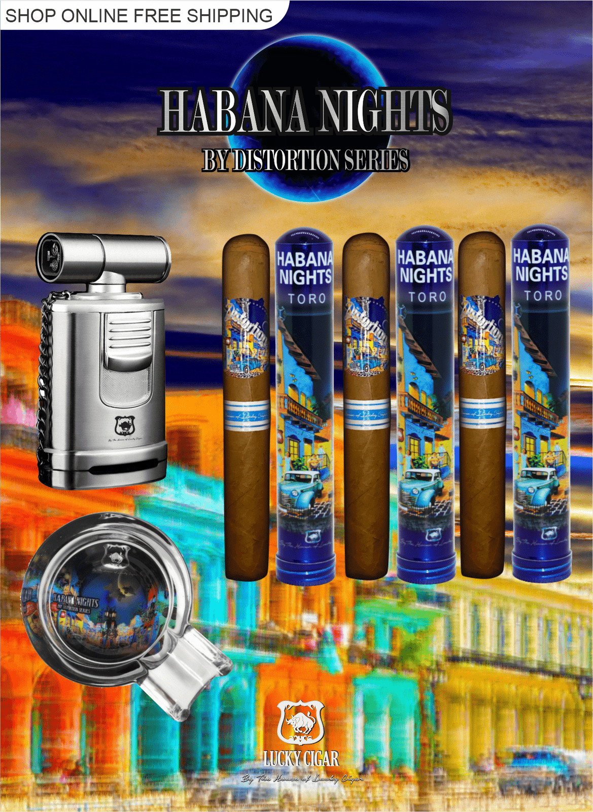 Habana Nights 6x50 Cigar From The Distortion Series: 3 Cigars, Torch, Ashtray