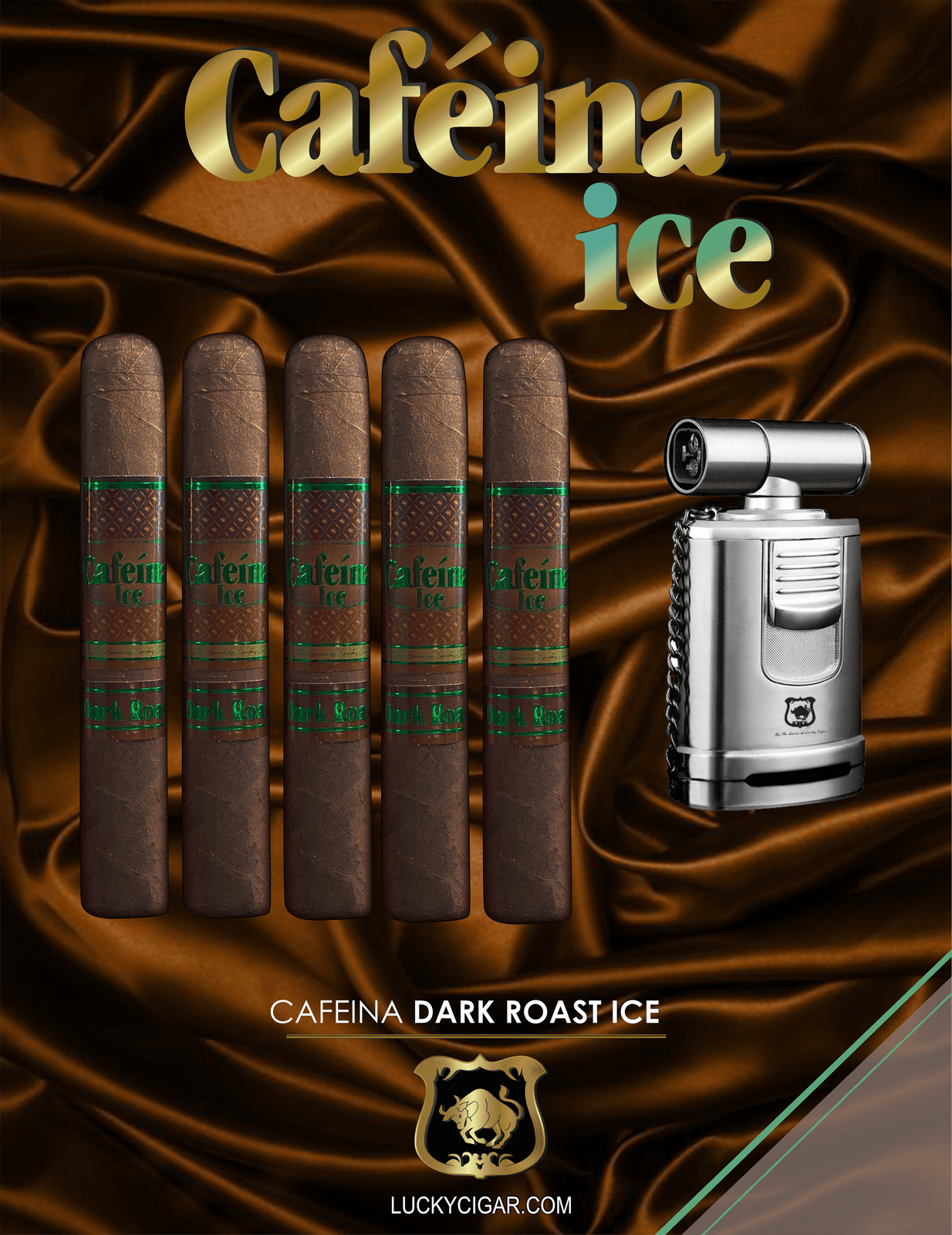 Infused Cigars: Set of 5 Cafeina Ice Dark Roast Magnum 5x58 Cigars with Torch Lighter