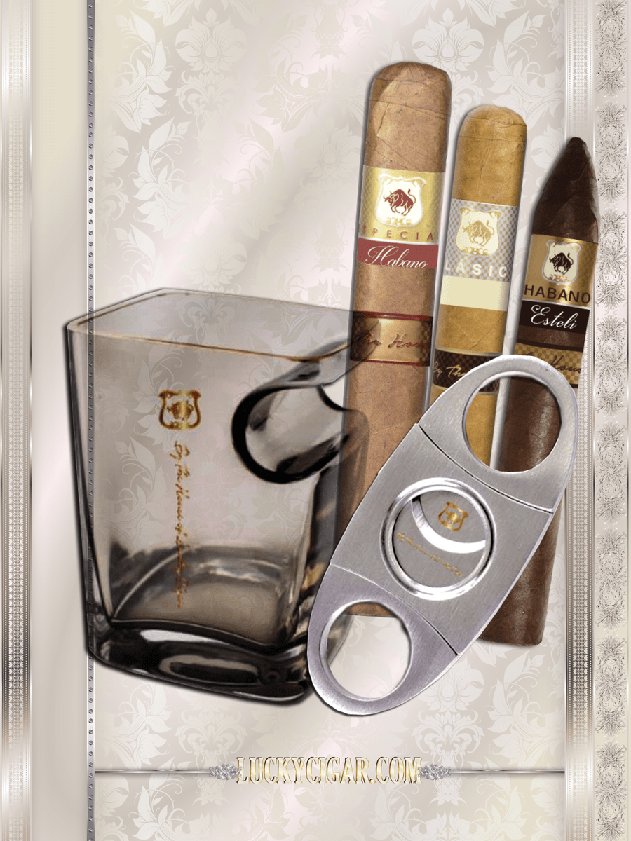 Cigar Lifestyle Accessories: Set of 3 Cigars, Drinking Glass, Cutter