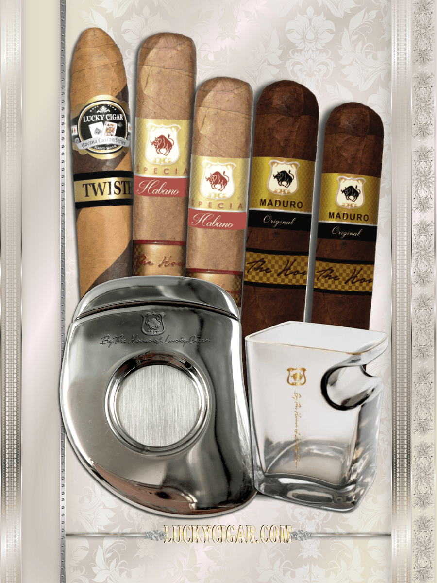 Lucky Cigar Drinkware and Cigar Gift Sets: Set of 5 Cigars, Drinking Glass, Cutter