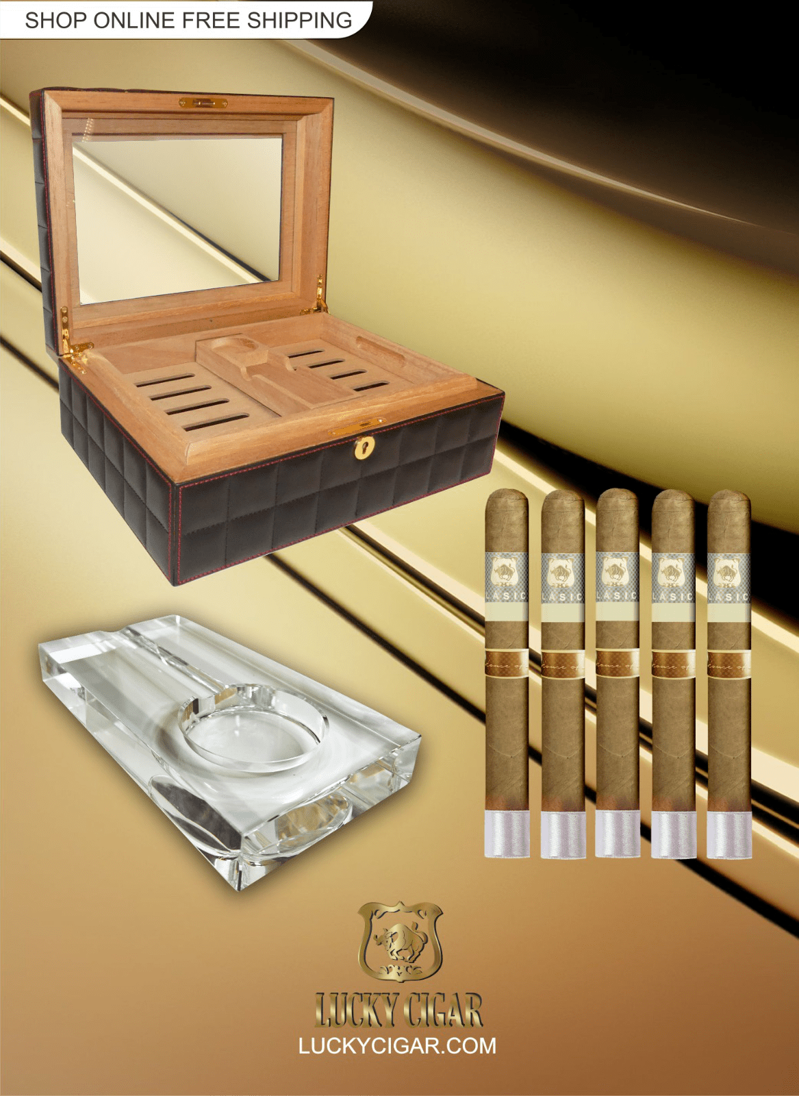 Classic Cigars - Classico by Lucky Cigar: Set of 5 Cigars, 5 Toro, Ashtray, Table Humidor