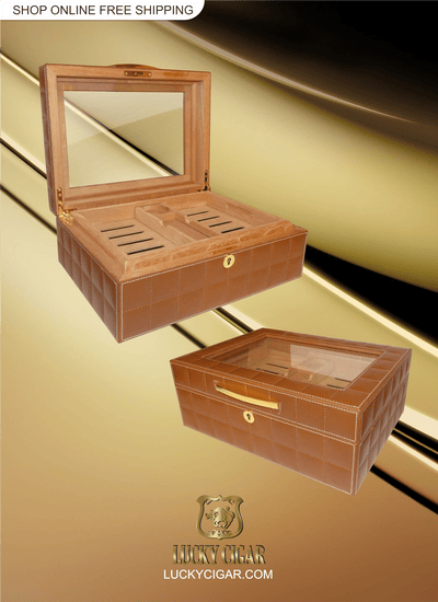 Cigar Lifestyle Accessories: Desk Humidor with Tan Block Design and Gold Accents