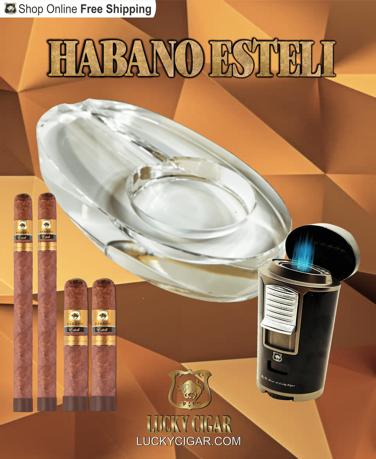 Habano Cigars: Habano Esteli by Lucky Cigar: Set of 4 Cigars, 2 Churchill, 2 Robusto with Ashtray, Torch