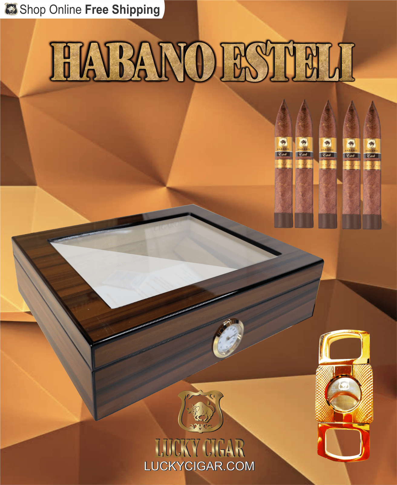 Habano Cigars: Habano Esteli by Lucky Cigar: Set of 5 Cigars, 5 Torpedo with Cutter, Desk Humidor