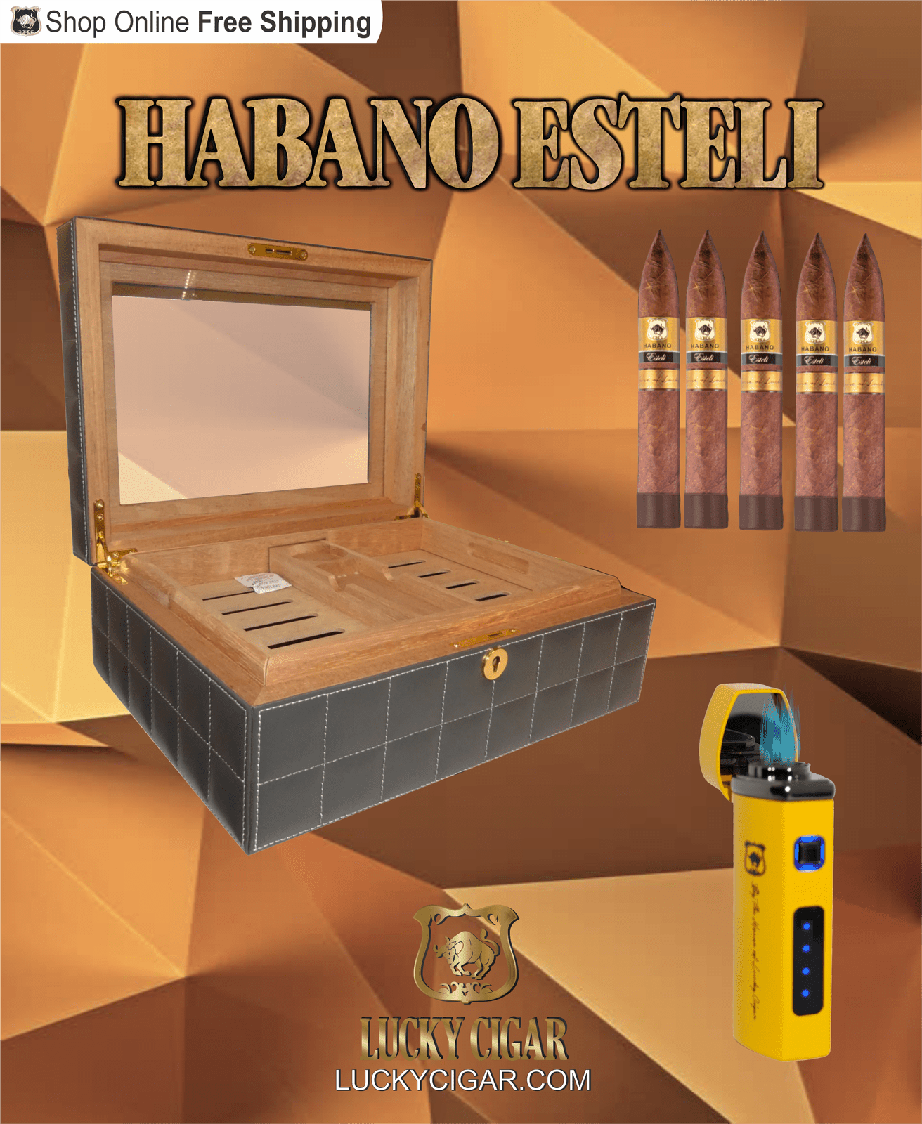 Habano Cigars: Habano Esteli by Lucky Cigar: Set of 5 Cigars, 5 Torpedo with Yellow Torch, Table Humidor