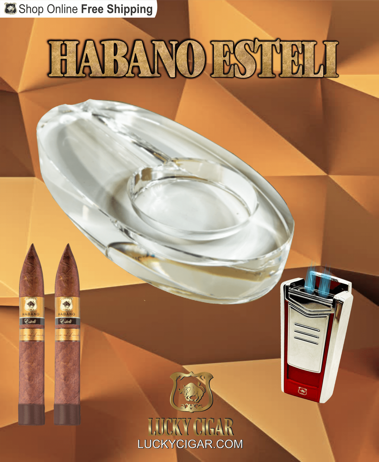 Habano Cigars: Habano Esteli by Lucky Cigar: Set of 2 Cigars, 2 Torpedo with Ashtray, Lighter