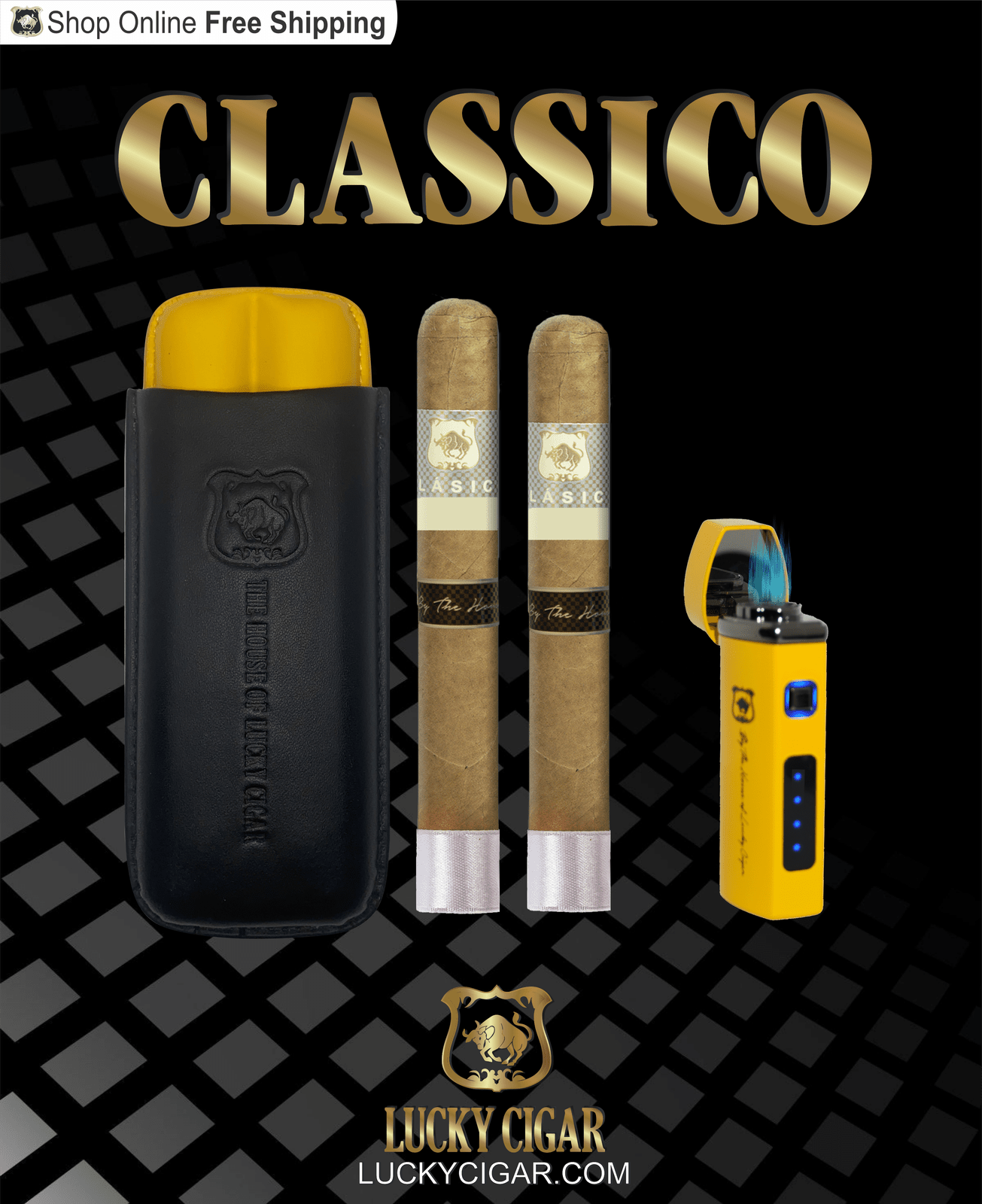 Lucky Cigar Sampler Sets: Set of 2 Toro 6x50 Classico Cigars with Travel Humidor Case, Torch