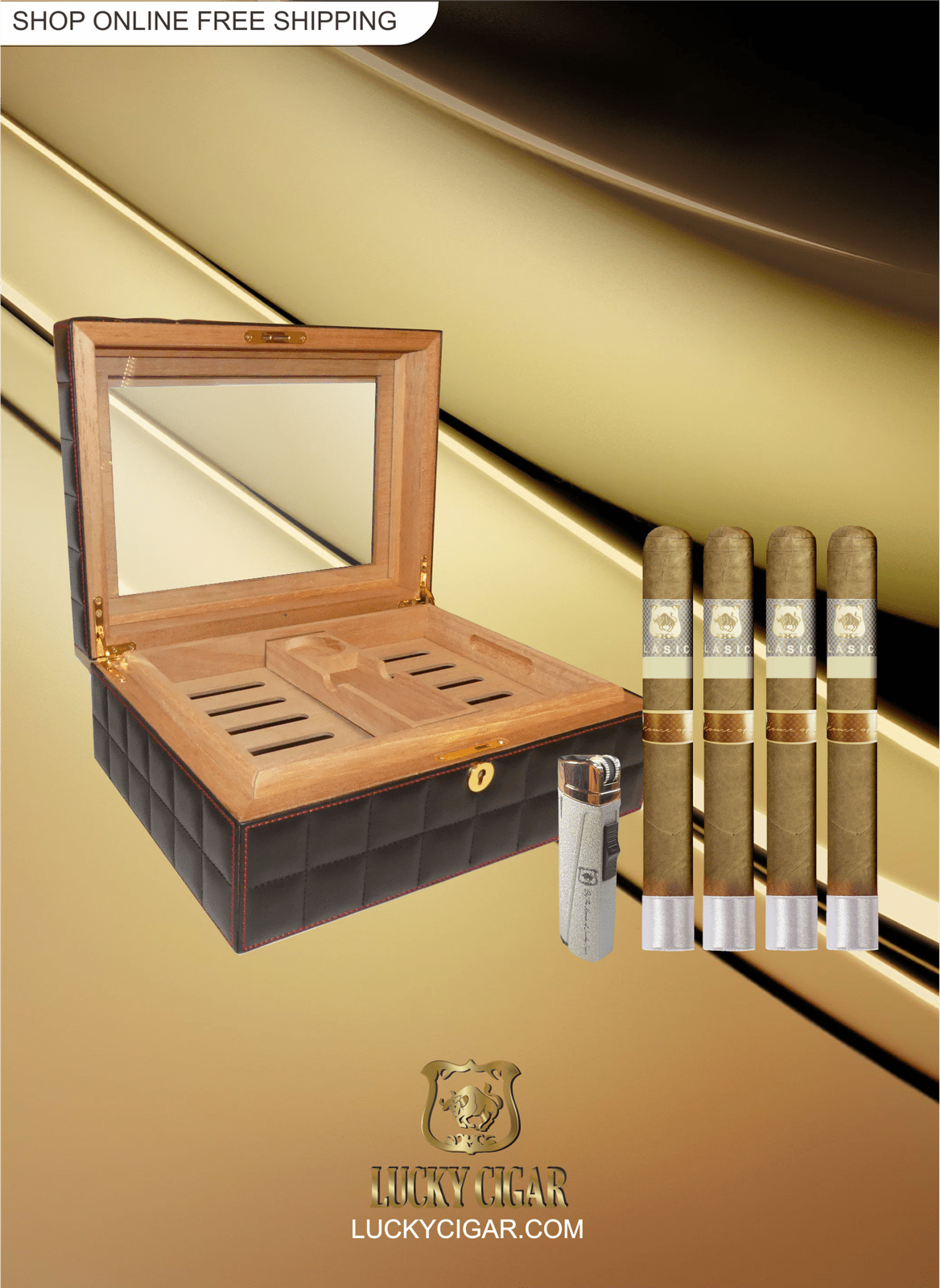 Classic Cigars - Classico by Lucky Cigar: Set of 4 Cigars with Torch, Desk Humidor