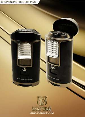 Lucky Deluxe 4 Jets Table Lighter  With Top Cigar Holder