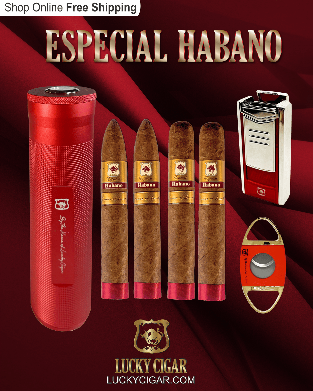 Habano Cigars: Especial Habano by Lucky Cigar: Set of 4 Cigars 2 Toro, 2 Torpedo with Humidor, Torch