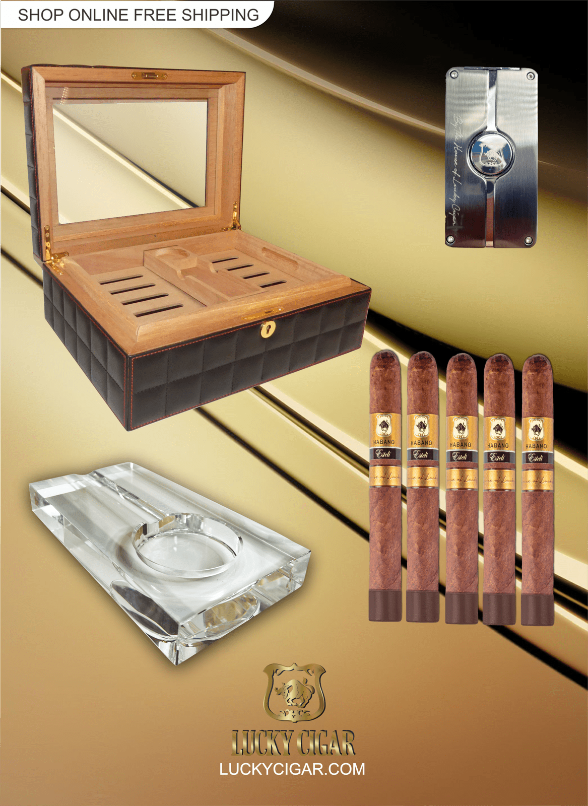 Habano Cigars: Habano Esteli by Lucky Cigar: Set of 4 Cigars Robusto with Desk Humidor, Torch, Ashtray