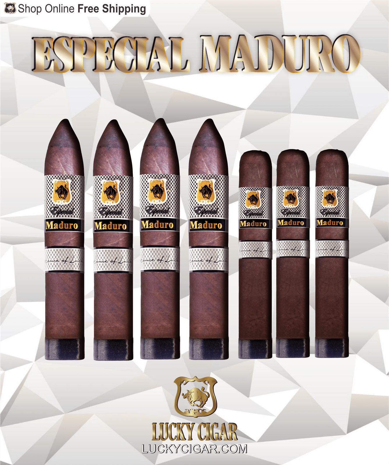Maduro Cigars: Especial Maduro by Lucky Cigar: Set of 7 Cigars, 4 Torpedo, 3 Corona