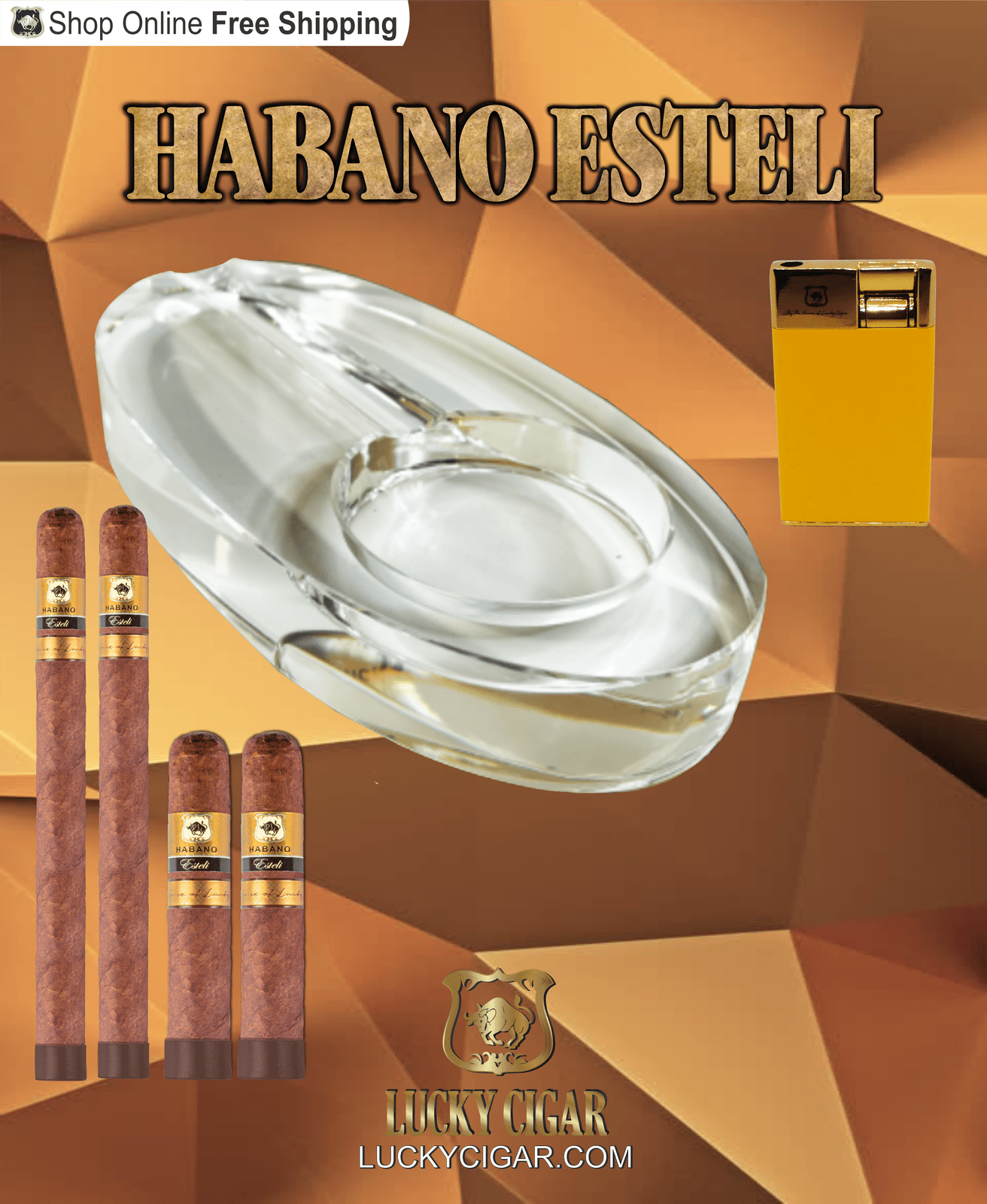 Habano Cigars: Habano Esteli by Lucky Cigar: Set of 4 Cigars, 2 Churchill, 2 Robusto with Ashtray, Lighter