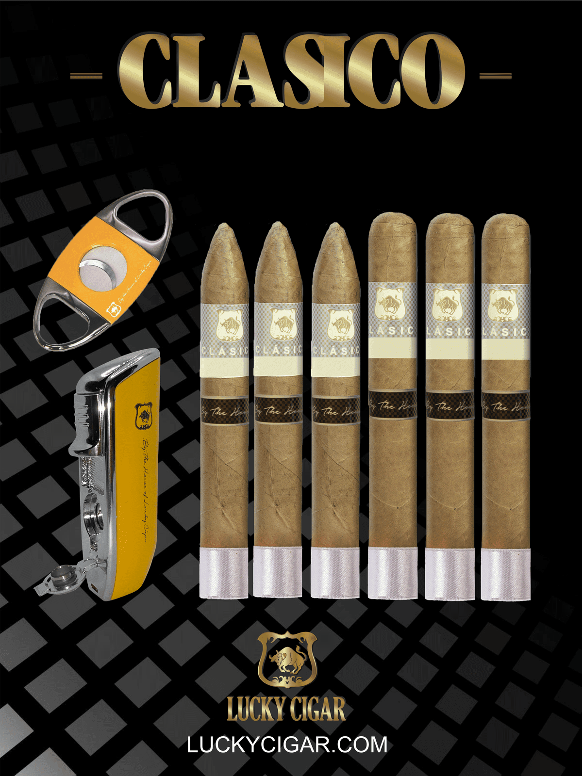 Classic Cigars - Classico by Lucky Cigar: Set of 6 Cigars, 3 Torpedo, 3 Churchill with Cutter, Torch