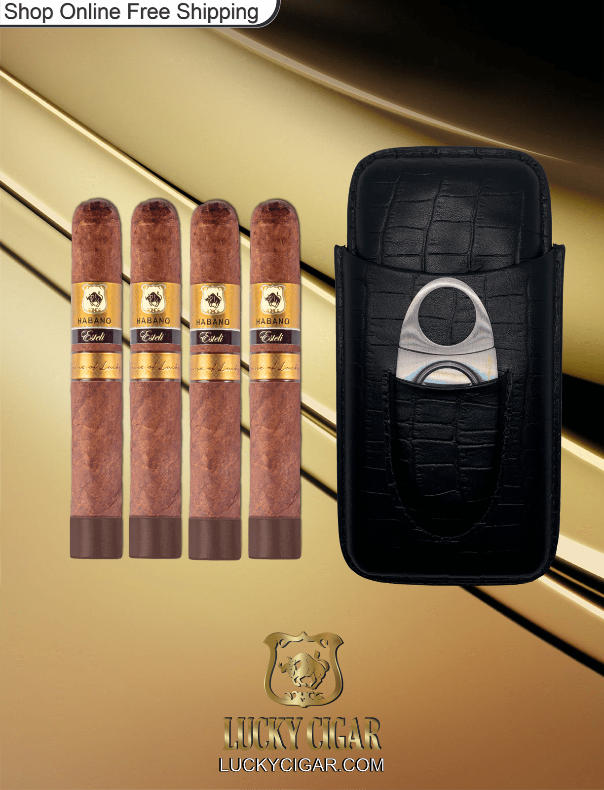 Lucky Cigar Sampler Sets: Set of 3 Habano Esteli Toro 6x50 Cigars with Travel Humidor Case, Cutter