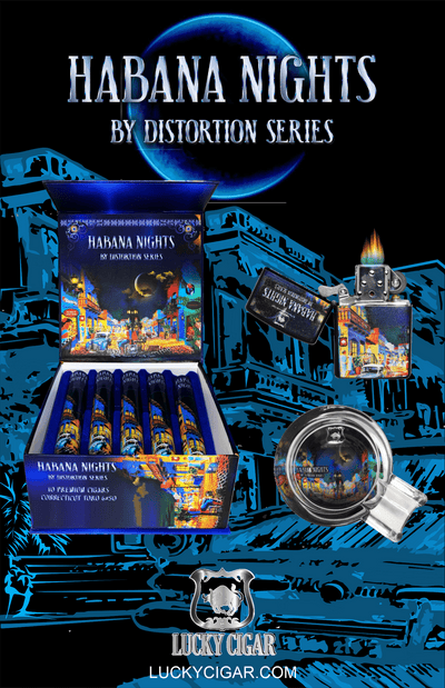 Habana Nights 6x50 Cigar From The Distortion Series: Box of 10 Cigars with matching Flint Lighter, Cutter, Ashtray
