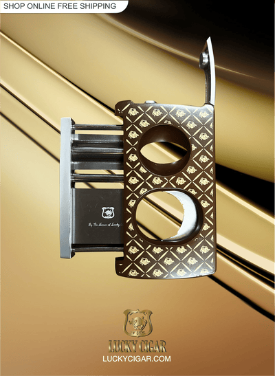 Cigar Lifestyle Accessories: Cigar Cutter in Brown/Gold Pattern for Standard, V Cut