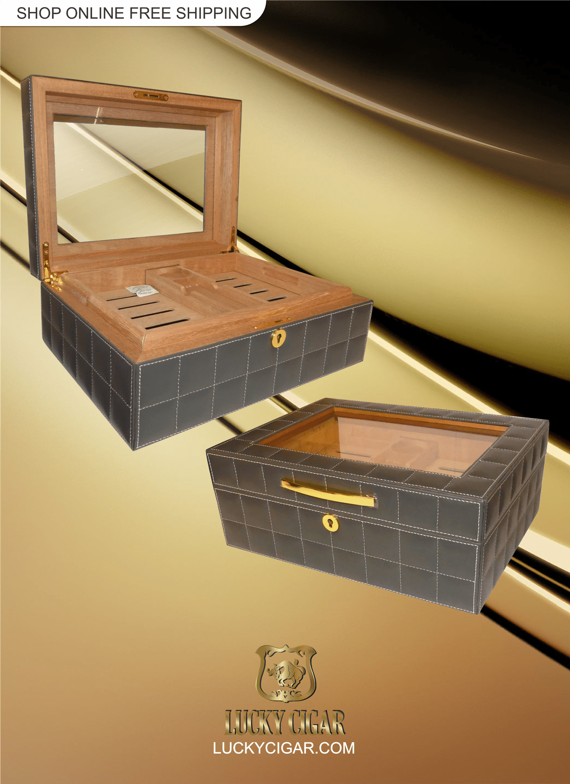 Cigar Lifestyle Accessories: Desk Humidor with Block Design and Gold Accents