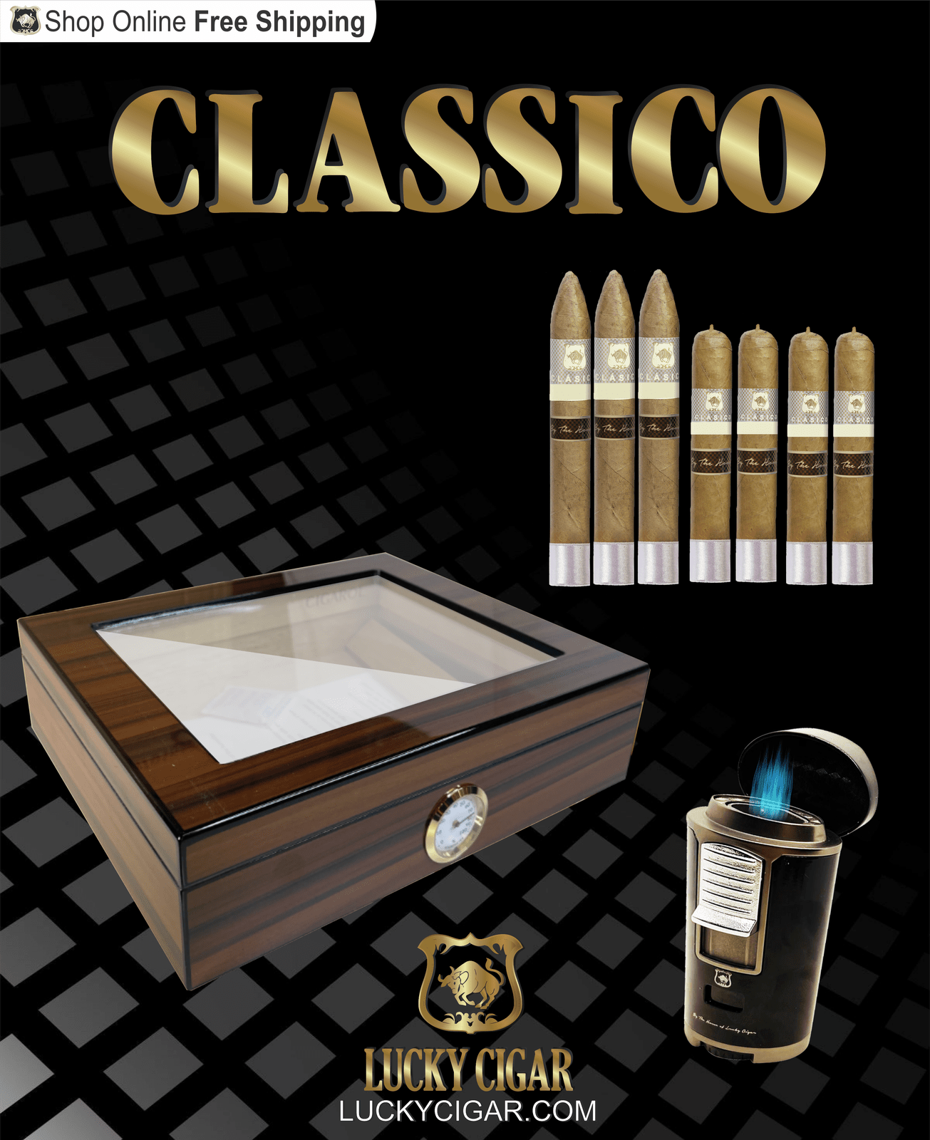 Lucky Cigar Sampler Sets: Set of 7 Classico Cigars with Table Torch, Desk Humidor