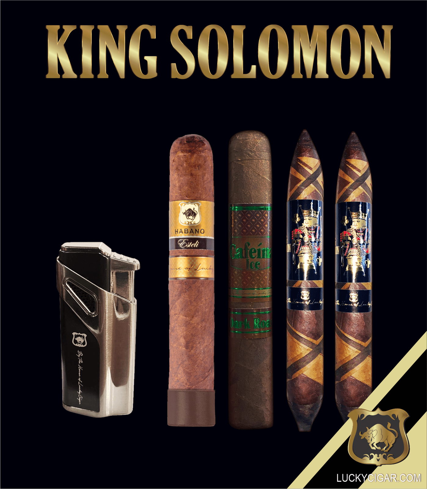 From The King Solomon Series: 2 Solomon 7x60 Cigars, 1 Cafeina Dark 5x58, 1 Habano Esteli 6x60 with Torch Lighter