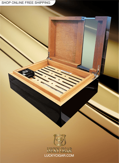 Cigar Lifestyle Accessories: Desk Humidor with Wood Grain, Window For 50 Cigars