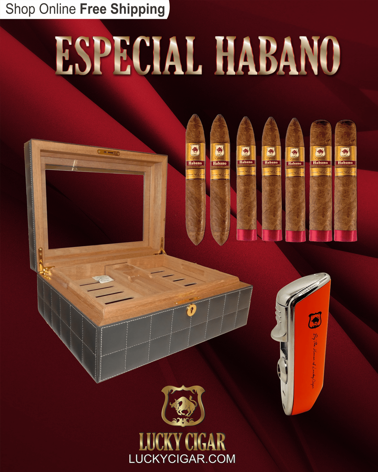 Habano Cigars: Especial Habano by Lucky Cigar: Set of 7 Cigars 3 Torpedo, 2 Perfecto, 2 Toro with Humidor and Torch