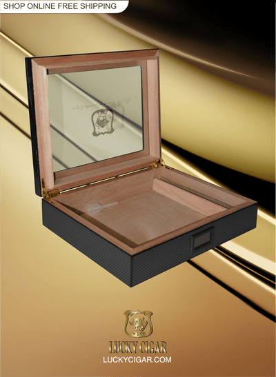 Cigar Lifestyle Accessories: Desk Humidor with Glass Top in Black Lacquer