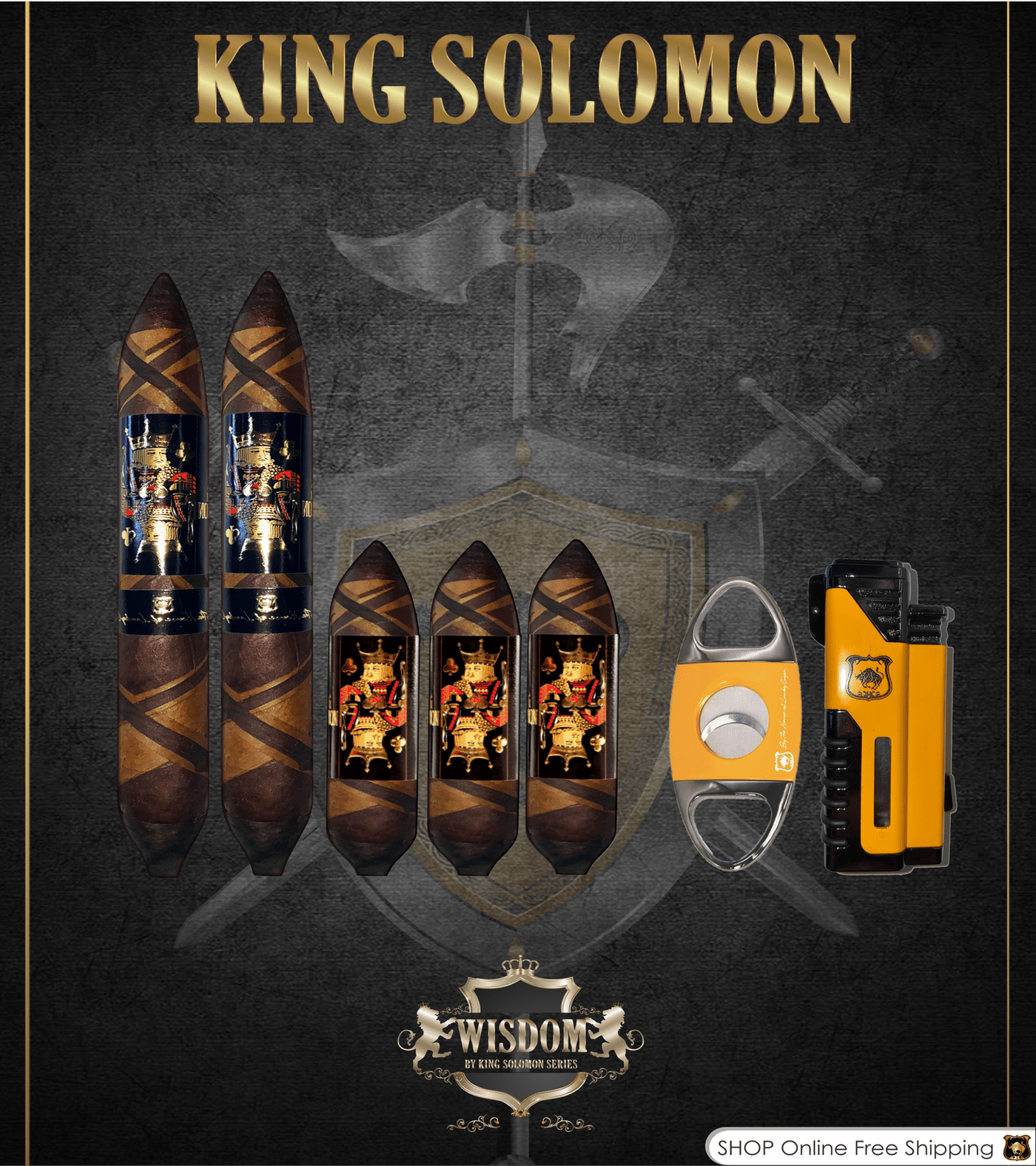 Wisdom 4x60 Cigar From The King Solomon Series: Set of 3 and 2 King Solomon 7x58 Cigar with Cutter and Lighter