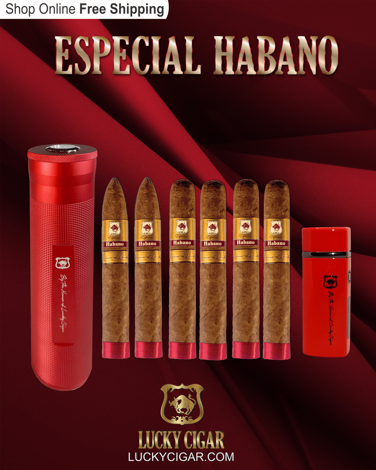 Habano Cigars: Especial Habano by Lucky Cigar: Set of 6 Cigars 4 Toro, 2 Torpedo with Humidor, Torch