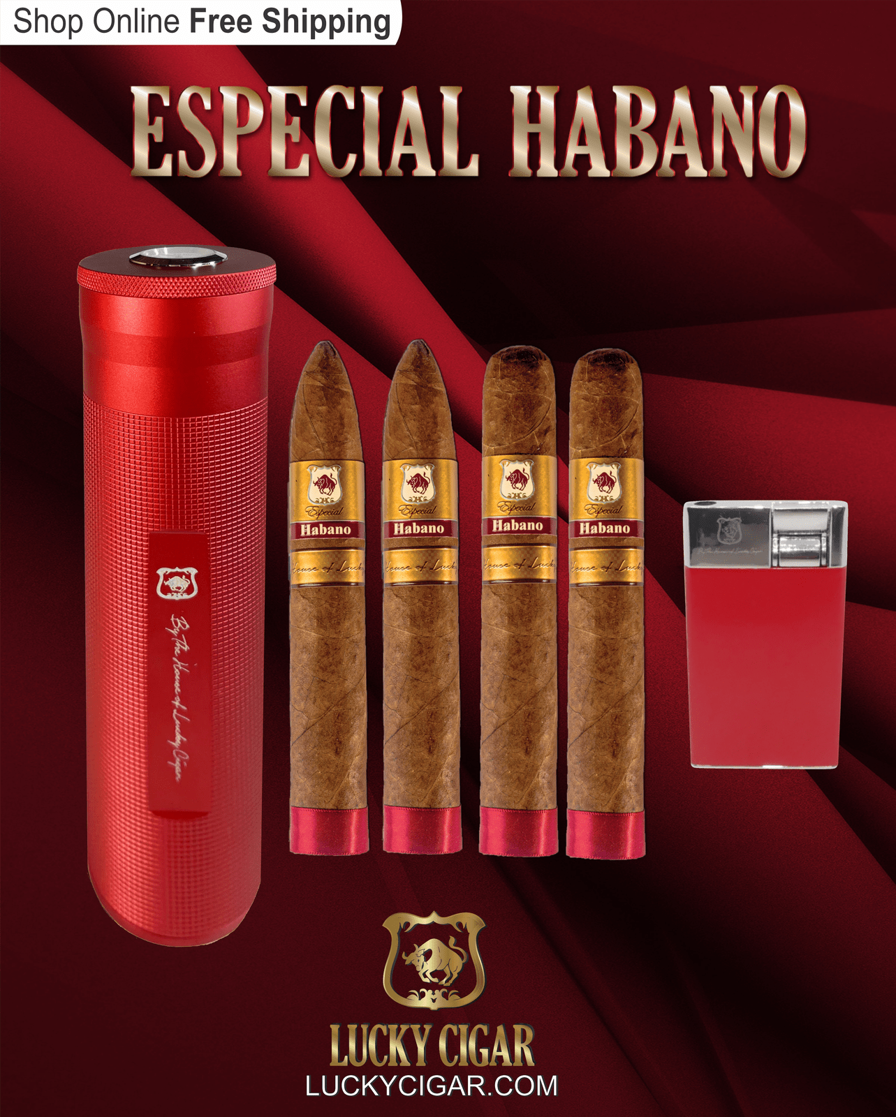 Habano Cigars: Especial Habano by Lucky Cigar: Set of 4 Cigars 2 Toro, 2 Torpedo with Torch, Humidor
