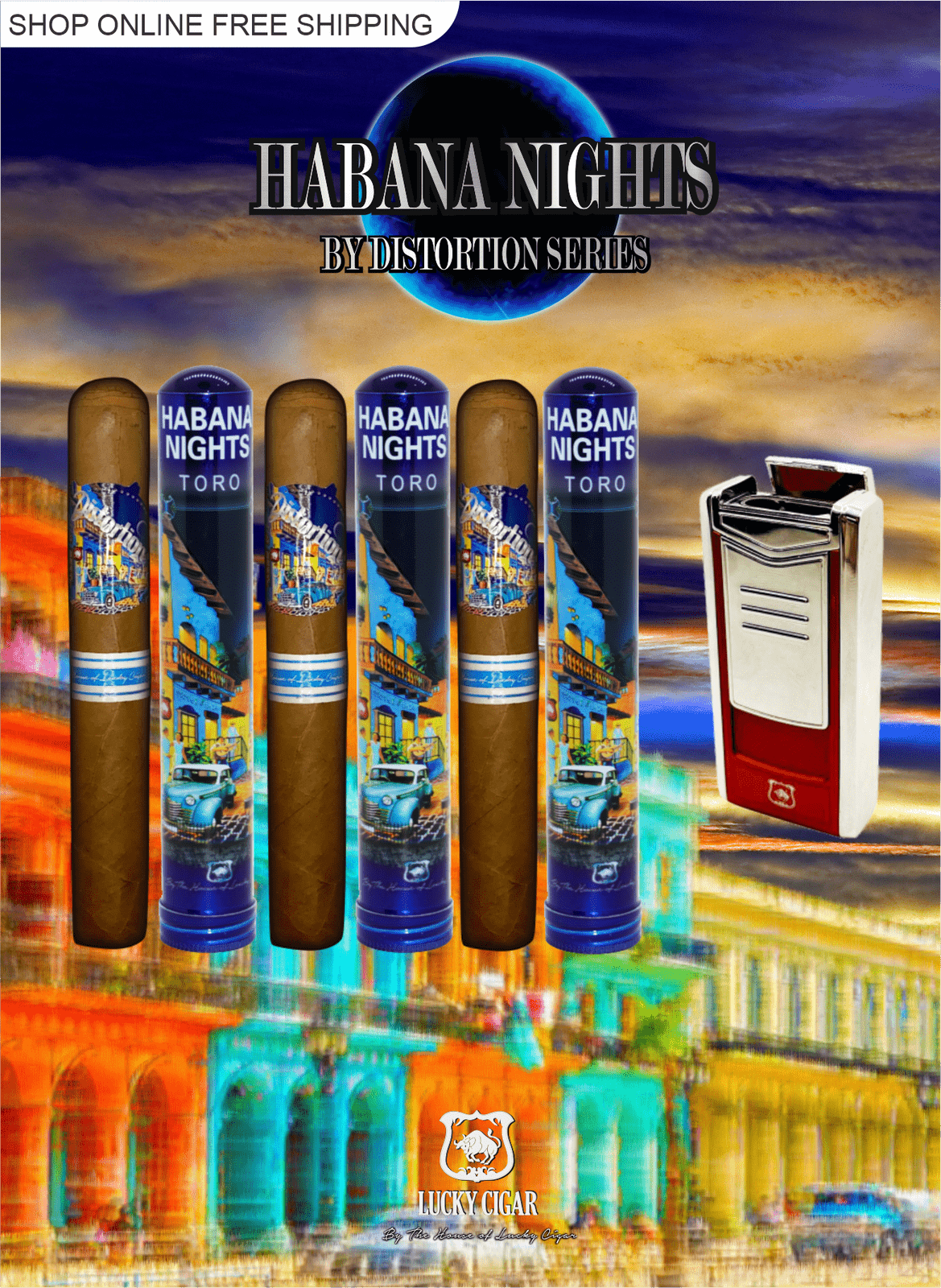 Habana Nights 6x50 Cigar From The Distortion Series: 3 Cigars with Lighter