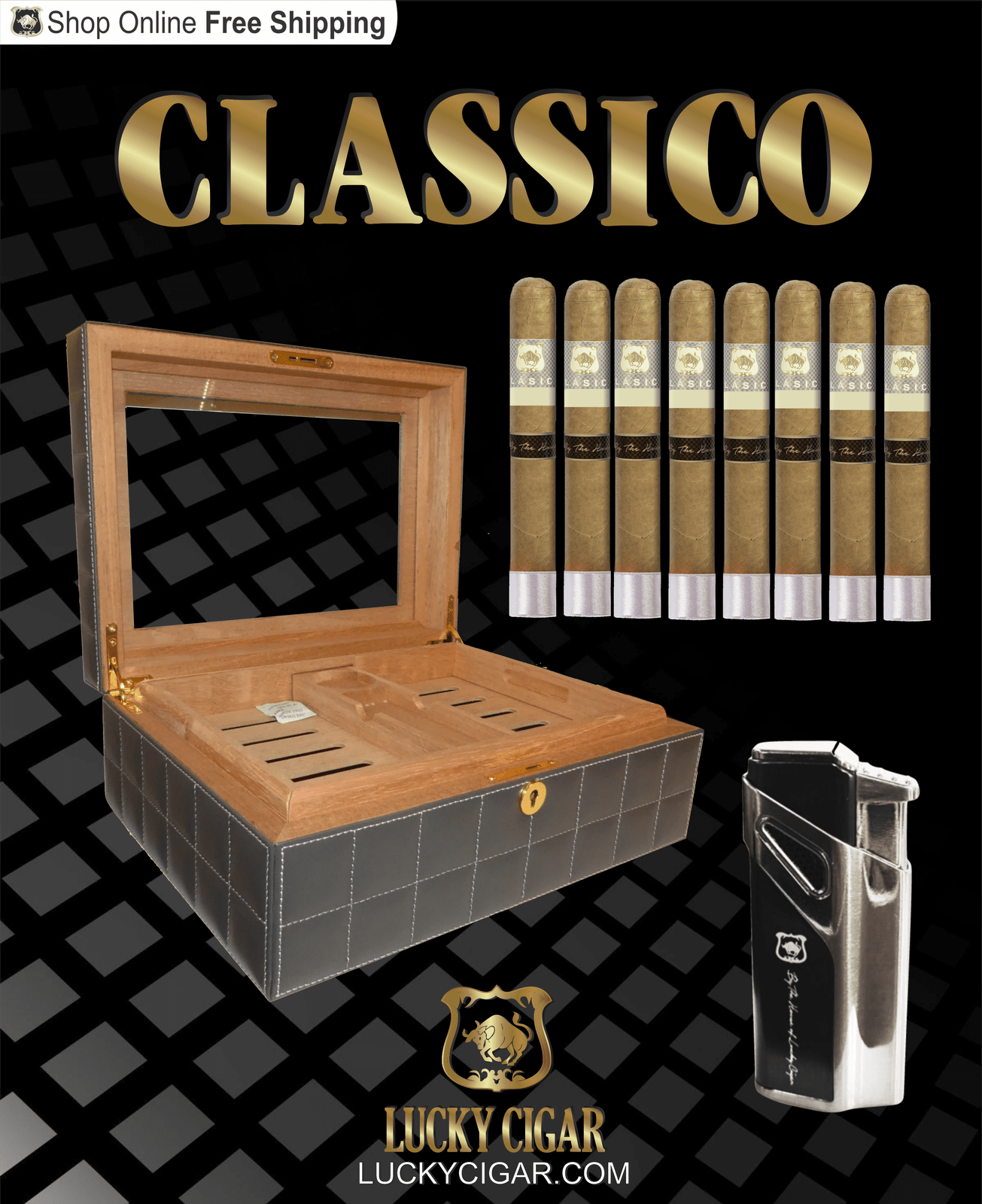 Lucky Cigar Sampler Sets: Set of 8 Classico Toro Cigars with Desk Humidor, Torch