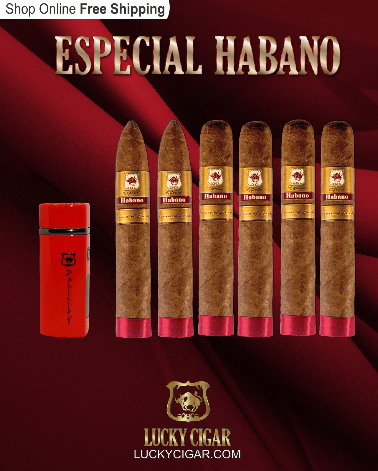 Habano Cigars: Especial Habano by Lucky Cigar: Set of 6 Cigars 4 Toro and 2 Torpedo with Torch Lighter