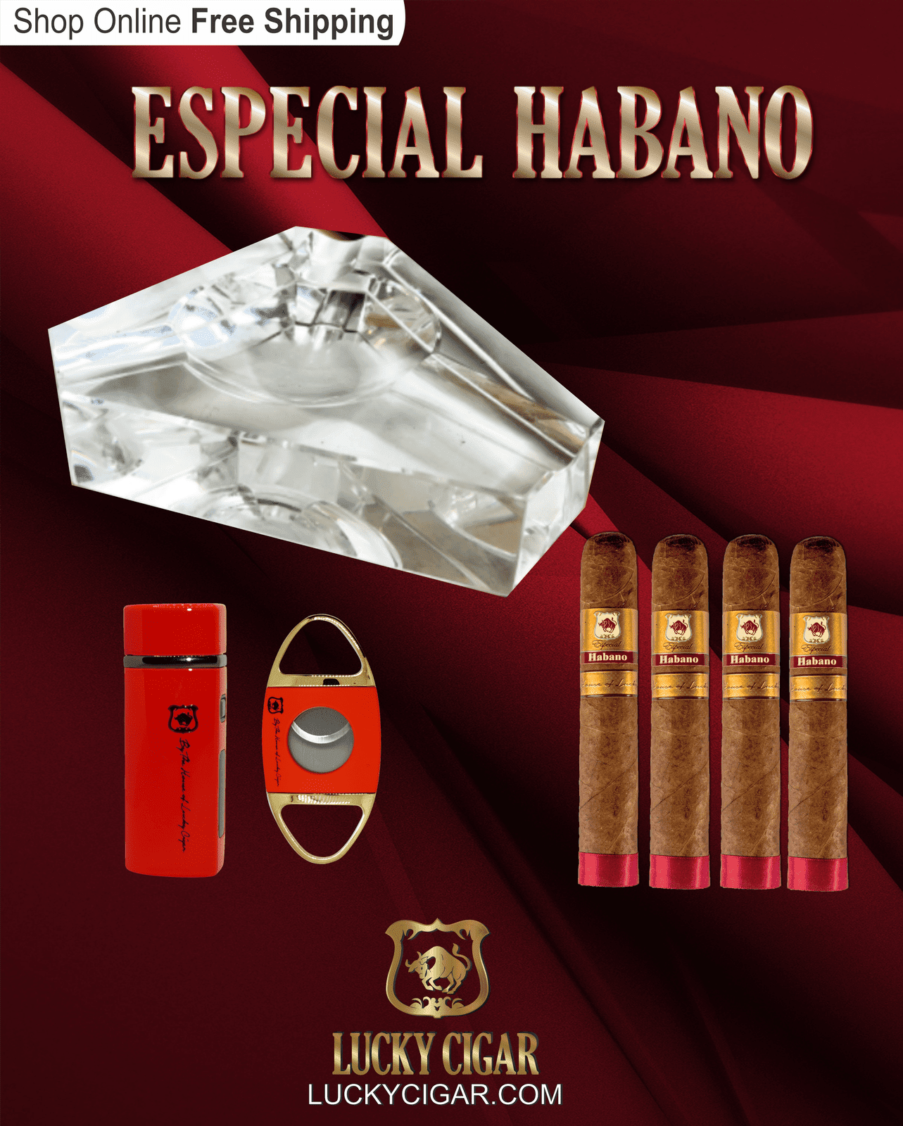 Habano Cigars: Especial Habano by Lucky Cigar: Set of 4 Cigars 4 Toro with Lighter, Cutter, Ashtray